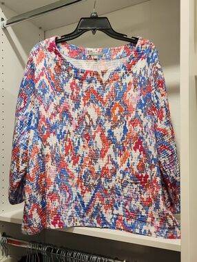 Habitat Multicolor 3/4 Sleeve Textured Pullover - Blue, Coral, Pink, Cream